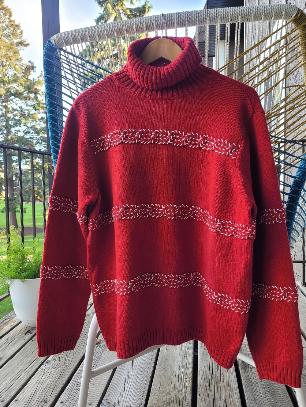Vintage Chunky Knit Candy Cane Twist Textured Turtleneck Sweater, Women's XL Red